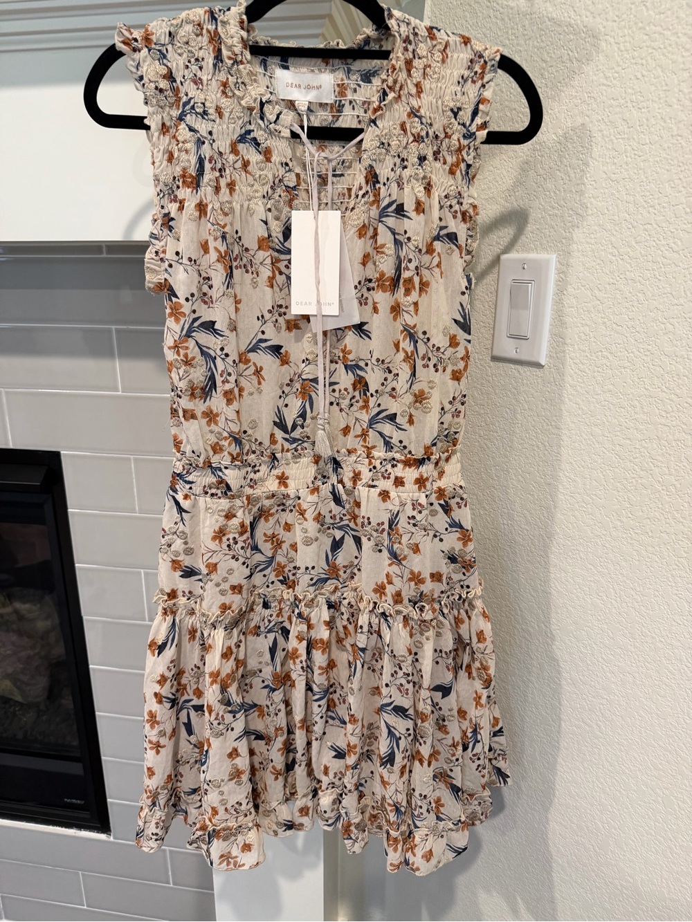 Dear John Cream Mini Dress with Navy & Rust Floral Print
